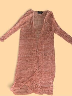 Sweet Storm Dusty Pink Crochet Open-Front Long Cardigan